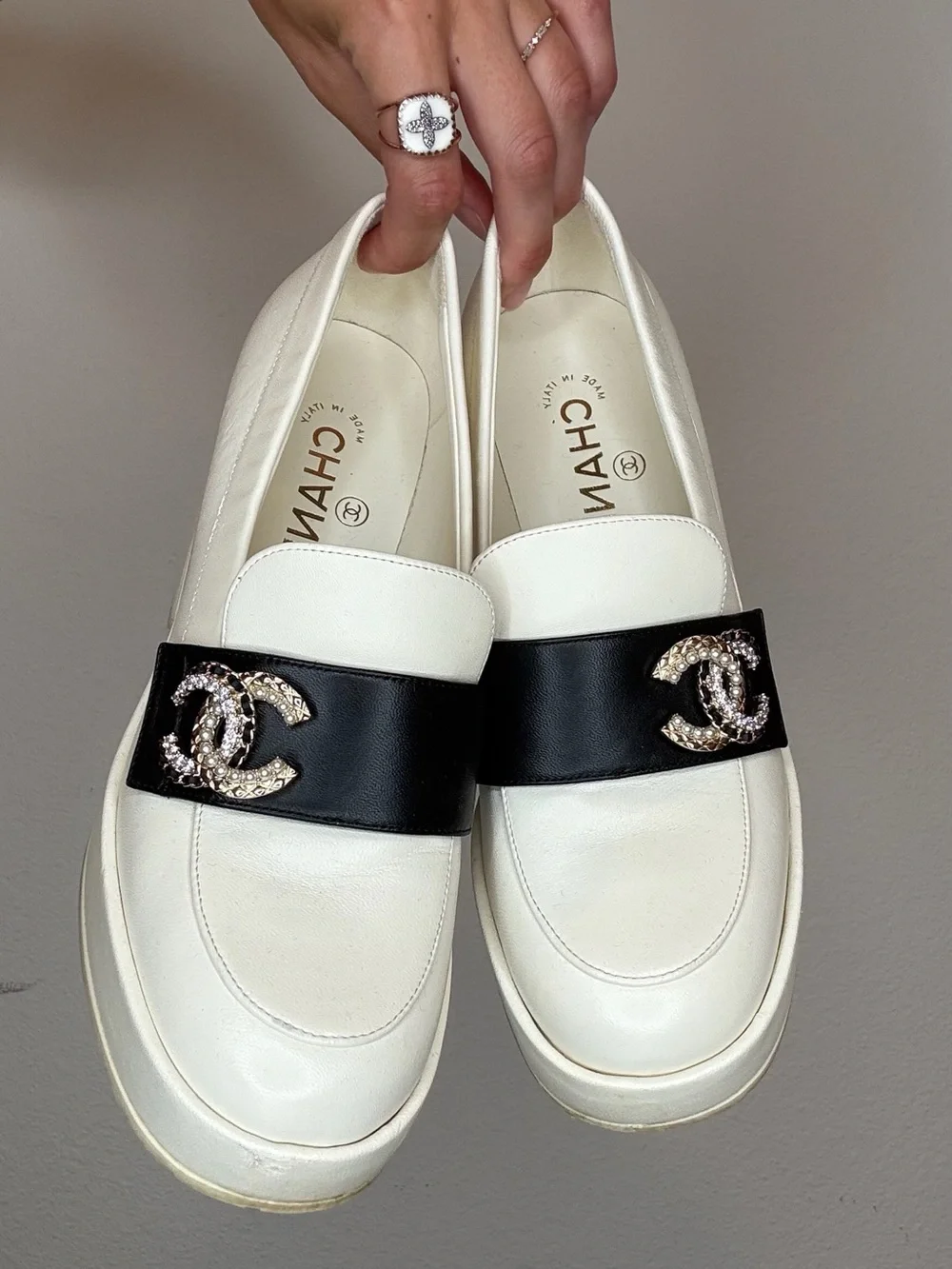 CHANEL White Leather Loafers with Black Band and Crystal CC Emblem
